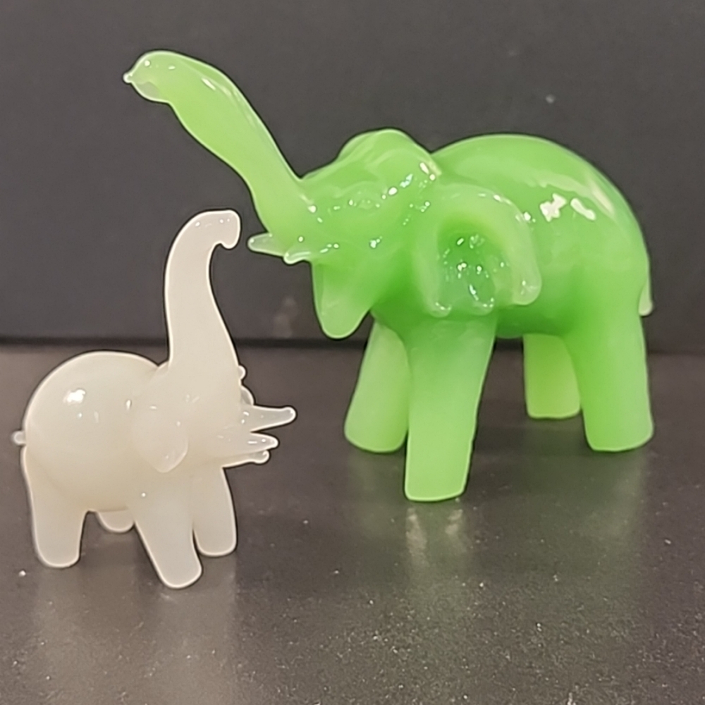 Green & White Jade / Jadeite Glass Elephant Figurines x 2 Trunk Up Good Luck